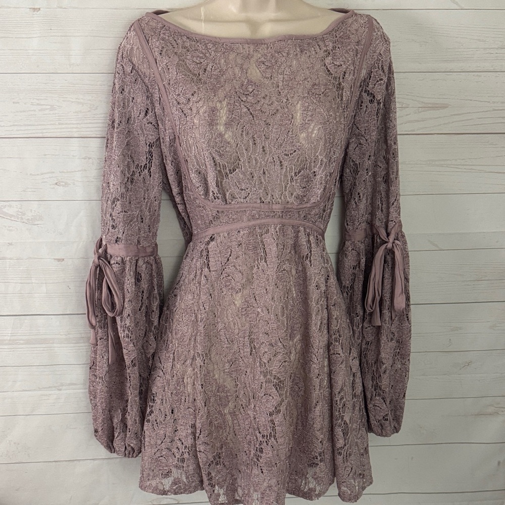 Free People Sz S Ruby Lavender Crochet Long Sleeve Lace Dress Coquette Romantic